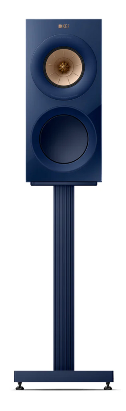 KEF S3 Speaker Stands in Indigo Matt with  R3 Meta Bookshelf Speakers in Indigo Gloss; individual speaker on stand. Special Edition