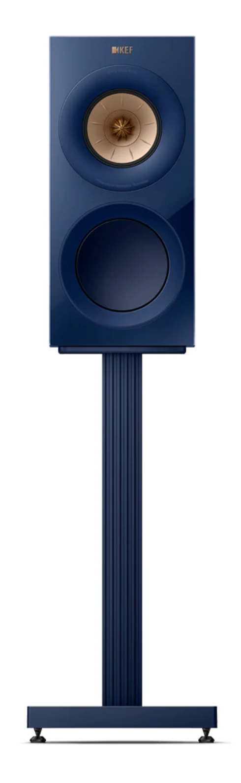 KEF S3 Speaker Stands in Indigo Matt with  R3 Meta Bookshelf Speakers in Indigo Gloss; individual speaker on stand. Special Edition