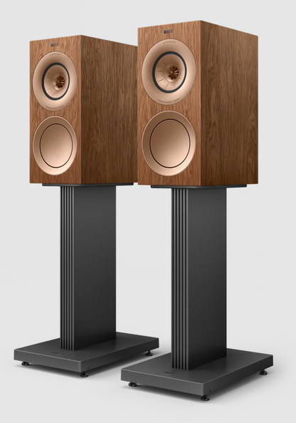 KEF R3 Meta Bookshelf Speakers in Walnut, on stands.