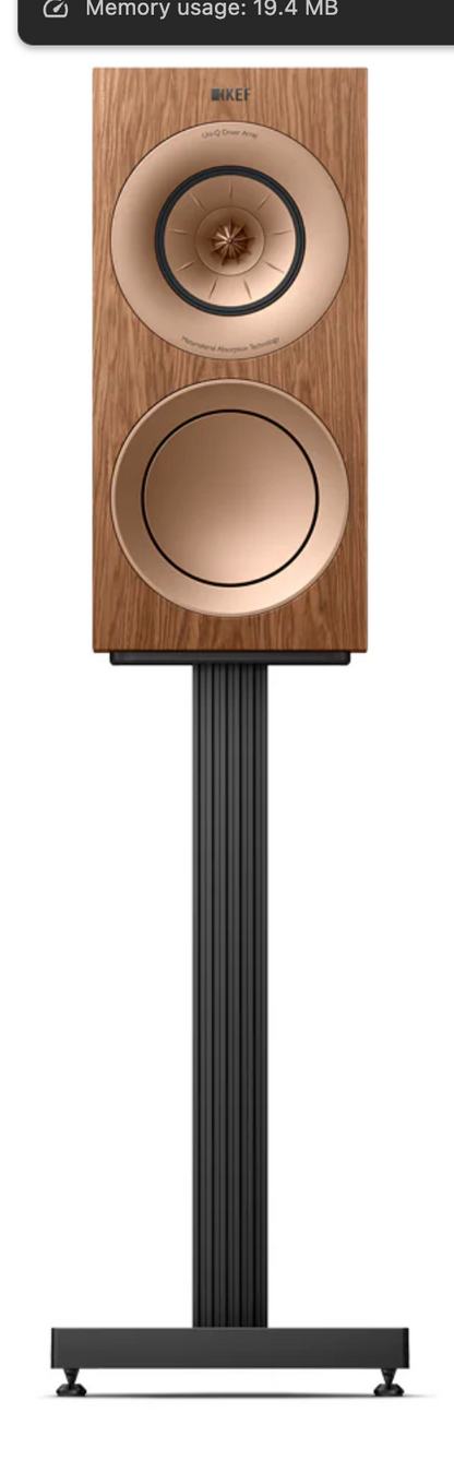 KEF R3 Meta Bookshelf Speakers in Walnut; individual speaker on stand.