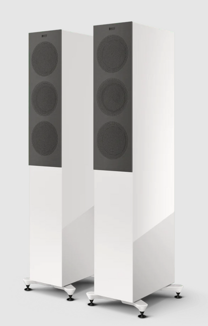 KEF R5 Meta Floorstanding Speakers in Gloss White. with grille.