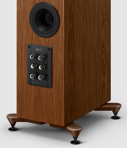 KEF R5 Meta Floorstanding Speakers in Walnut, close up of connections