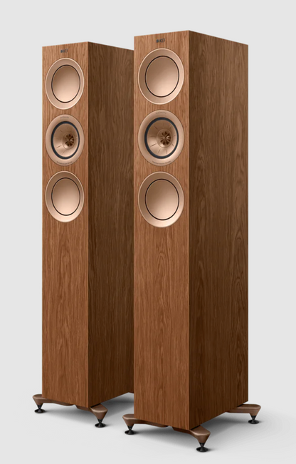 KEF R5 Meta Floorstanding Speakers in Walnut.