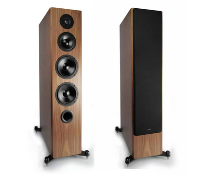 KLH Kendall 2F Floorstanding Speaker pair in English Walnut.  Image shows with and without grille