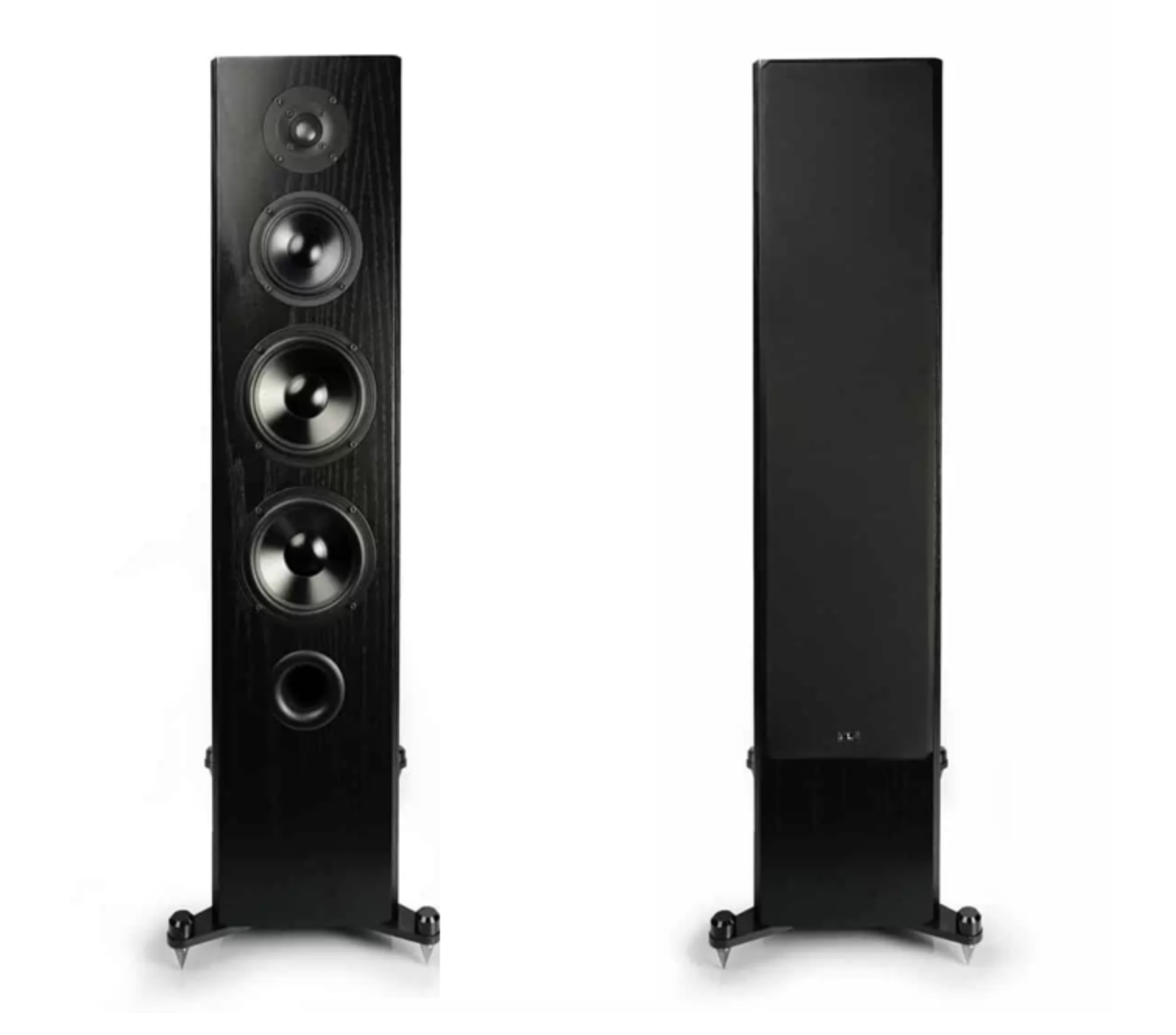 KLH Kendall 2F Floorstanding Speakers in Black Oak Veneer.  Image shows one speaker without grille, the other with grille