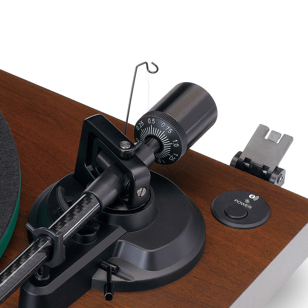 Lenco LBT-225 Bluetooth Turntable, closeup of rear tonearm and power