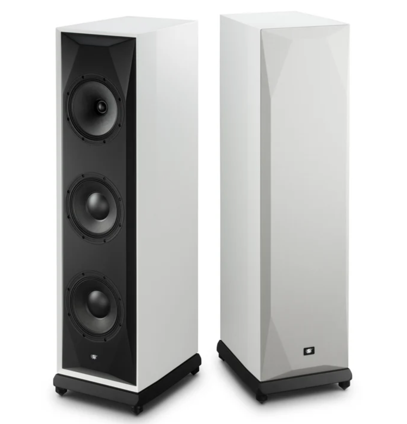 Mobile Fidelity SourcePoint 888 Floorstanding Speakers Pair in white.  One with, the other without grille.