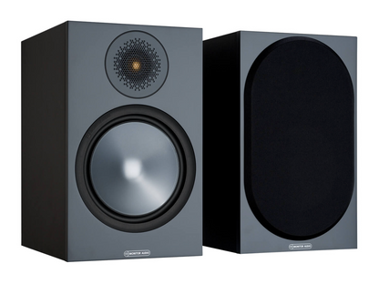 Monitor Audio Bronze 100 Bookshelf Speakers, black, with and without grille