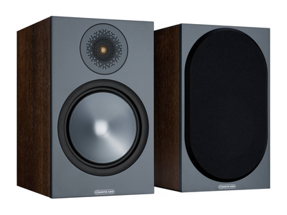 Monitor Audio Bronze 100 Bookshelf Speakers, walnut, with and without grille