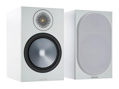 Monitor Audio Bronze 100 Bookshelf Speakers, white, with and without grille