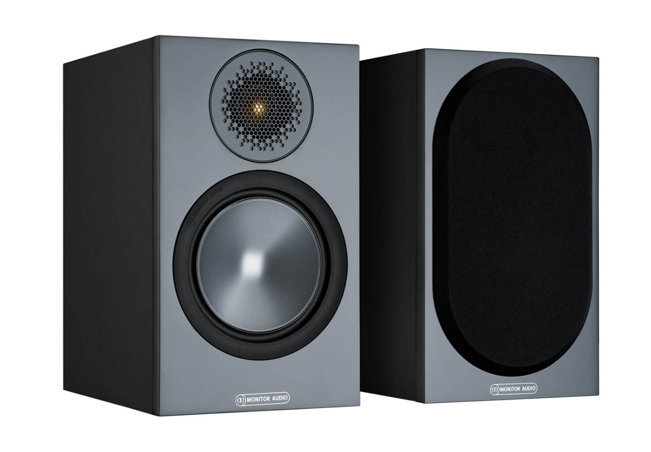 Monitor Audio Bronze 50 Bookshelf Speakers, black pair with and without grille