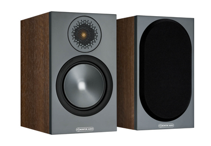 Monitor Audio Bronze 50 Bookshelf Speakers, walnut pair with and without grille