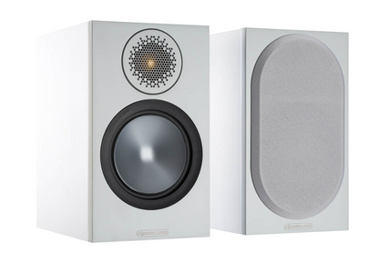 Monitor Audio Bronze 50 Bookshelf Speakers, white pair with and without grille