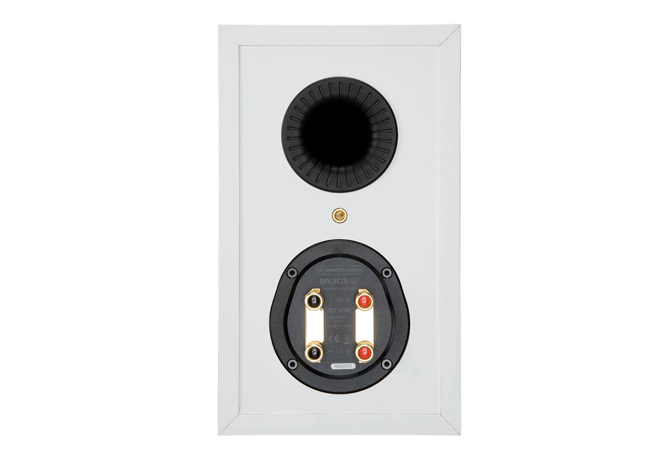 Monitor Audio Bronze 50 Bookshelf Speakers, white individual speaker, rear of speaker shown