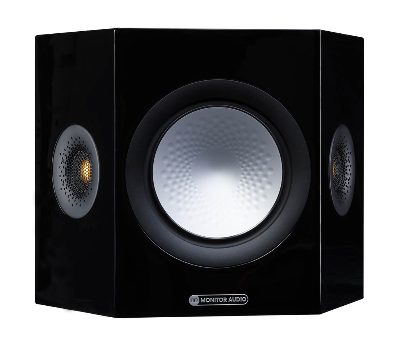 Monitor Audio Silver FX 7G Surround Speakers in glossy black, on an angle