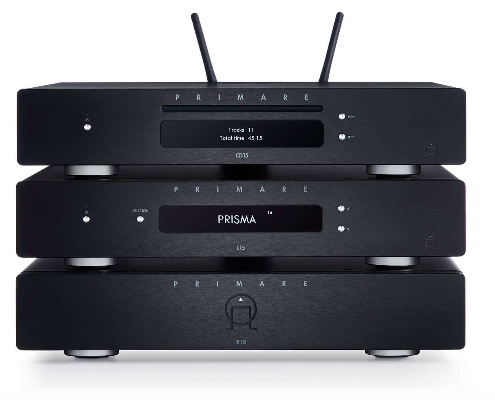 Primare SC15 Prisma MK2 Network Player and DAC. Image shows black unit, CD 15, I15 and R15 system building