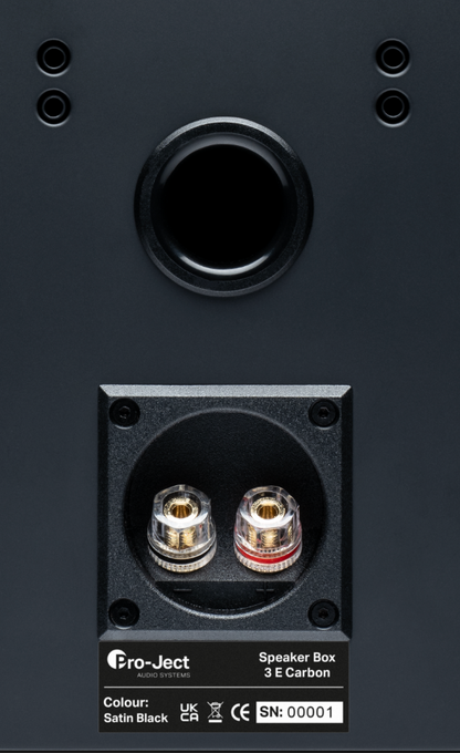 ProJect Speaker Box 3 E Carbon Bookshelf Speakers. Close up of gold plated terminals