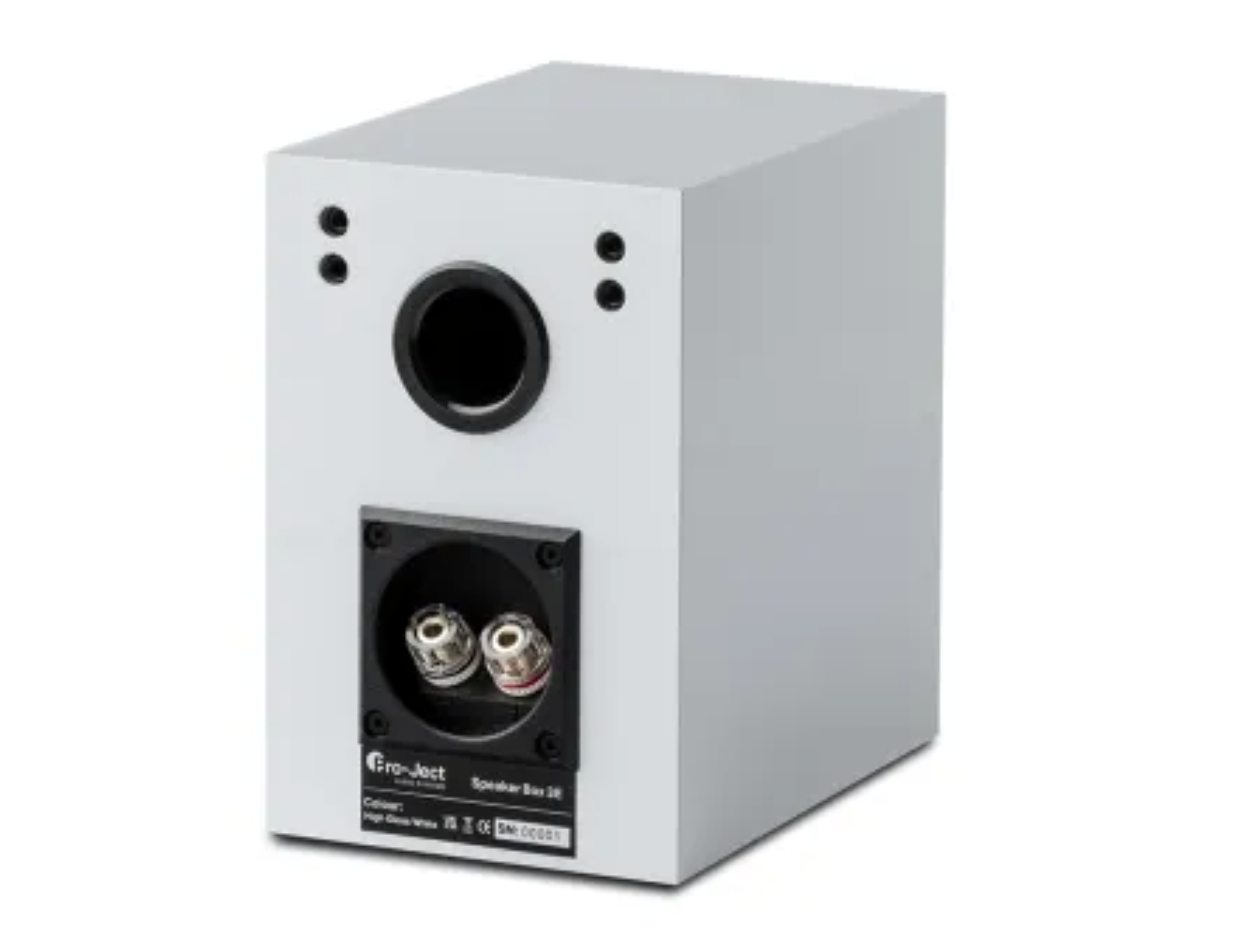 ProJect Speaker Box 3 E Carbon Bookshelf Speakers. Rear of individual speaker  in Satin White shown 