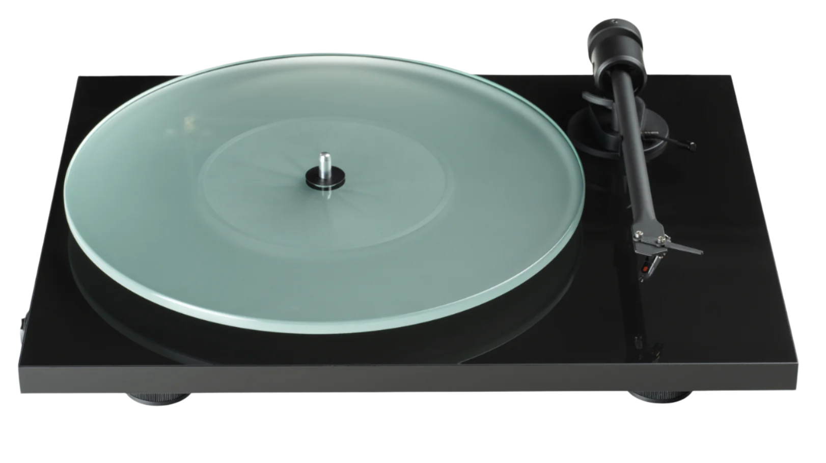 ProJect T1 EVO Phono Turntable with Ortofon OM 10 Cartridge, Piano Black, front and top shown