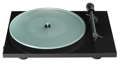 ProJect T1 EVO Phono Turntable with Ortofon OM 10 Cartridge, Piano Black, front and top shown