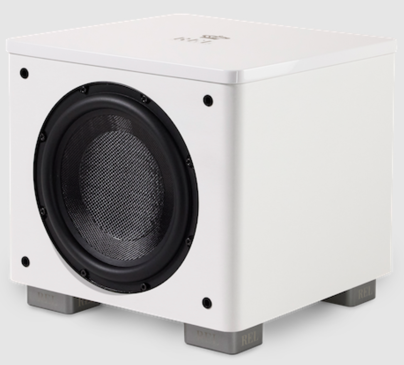 REL HT/1003 MK II Subwoofer in white, angled view without grille