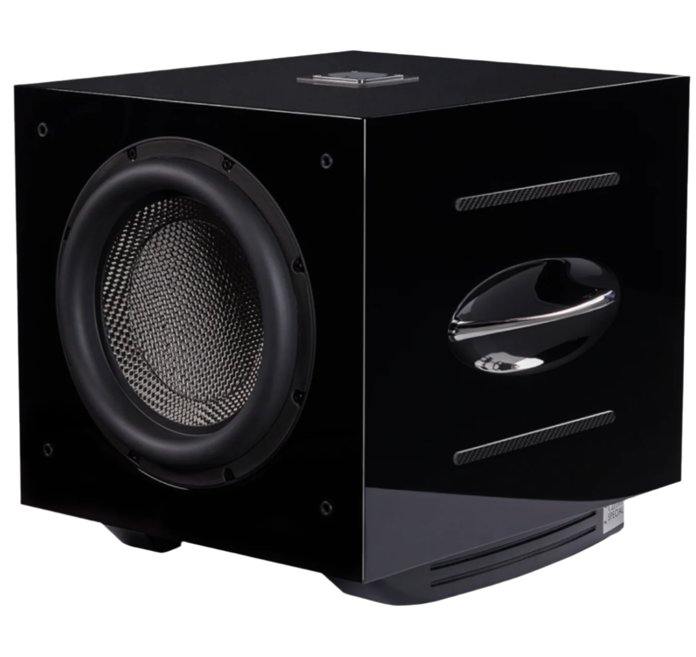 REL Carbon Special subwoofer, black angled, without grille