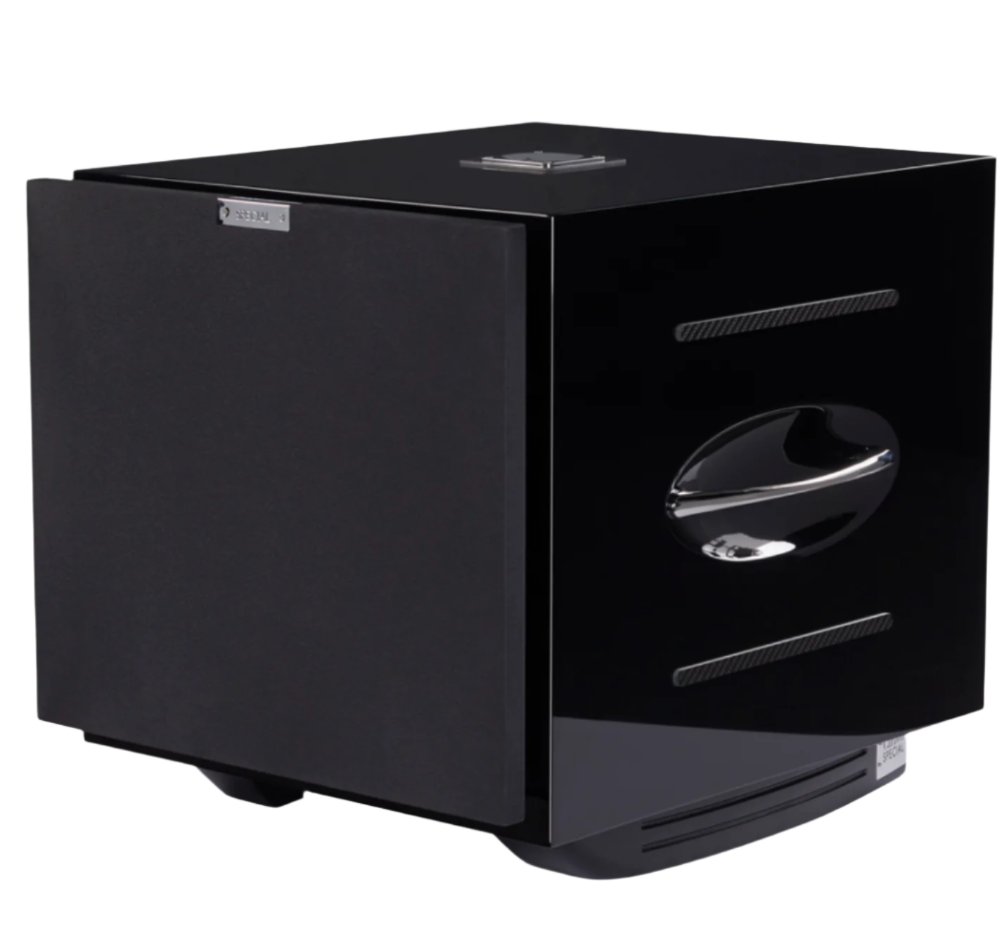 REL Carbon Special subwoofer, black angled, with grille