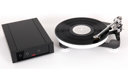 Rega Naia Reference Turntable with Optional Aphelion 2 MC Cartridge; image shows turntable and power supply