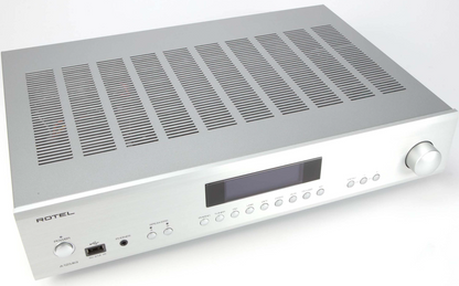 Rotel A12MKII Integrated Amplifier in silver, front and top