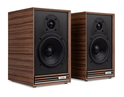 Ruark Sabre-R Bookshelf Speakers in Fused Walnut Veneer with Walnut Slat Trim, angled, no Grilles