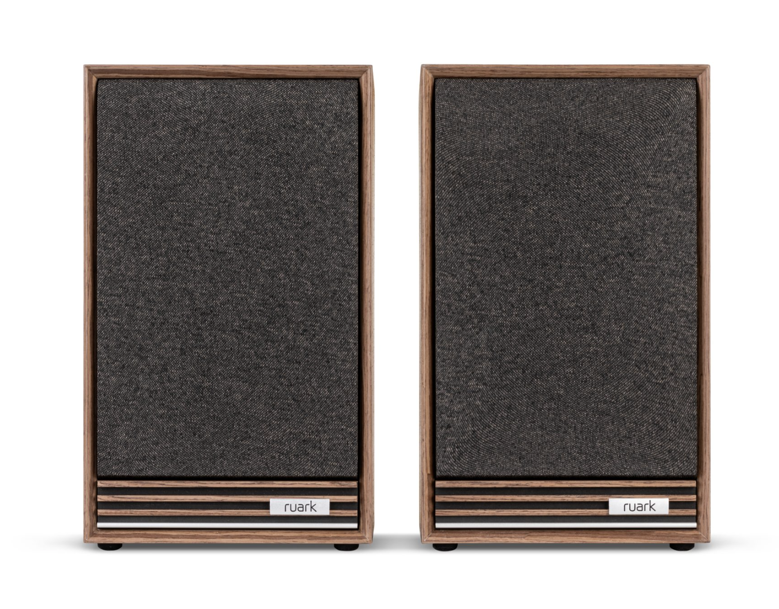 Ruark Sabre-R Bookshelf Speakers in Fused Walnut Veneer with Walnut Slat Trim, with Grilles