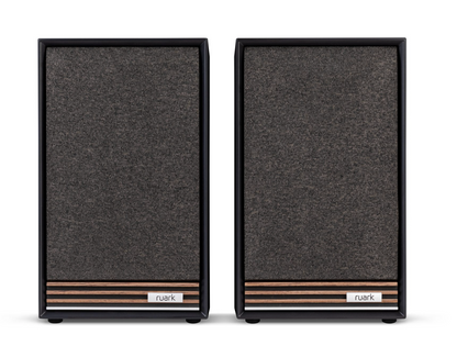 Ruark Sabre-R Bookshelf Speakers in Satin Charcoal Lacquer with Walnut Slat Trim, with Grilles