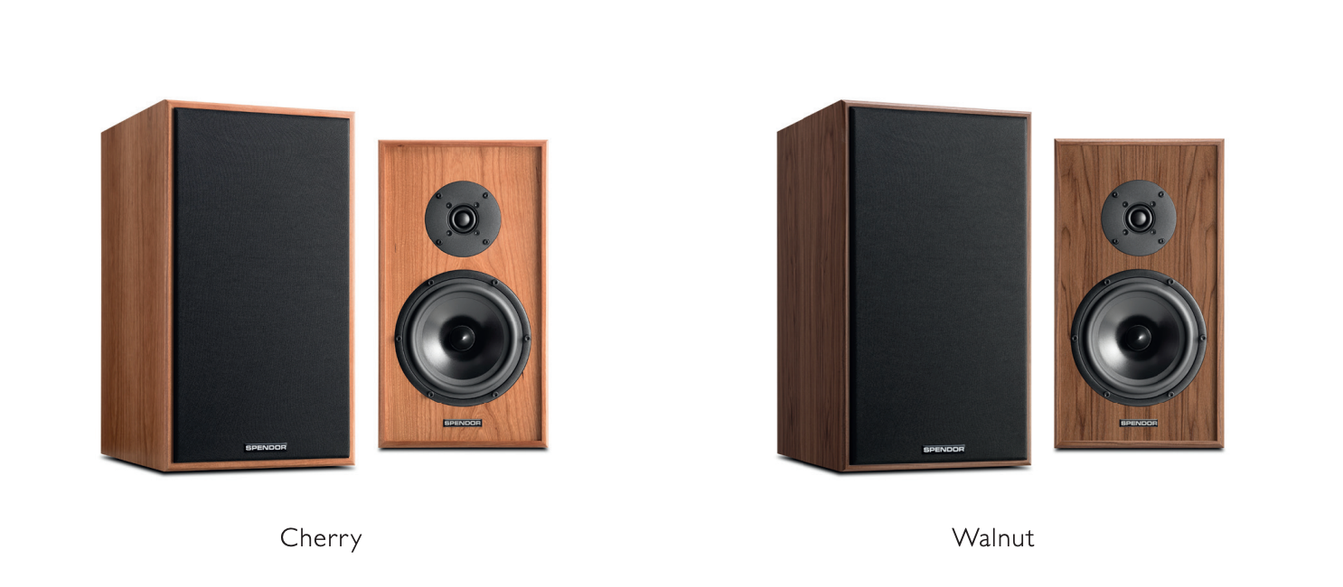 Spendor Classic 3/1 Bookshelf Speakers.  Image shows range of finishes