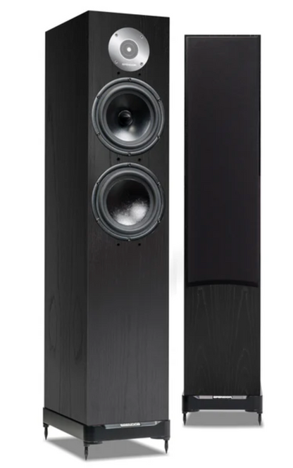 Spendor D7.2 Floorstanding Speakers IN Black Ash. Image shows one speaker without the other with the grille.