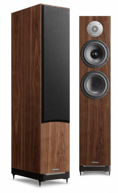 Spendor D7.2 Floorstanding Speakers In Dark Walnut. Image shows one speaker without the other with the grille.