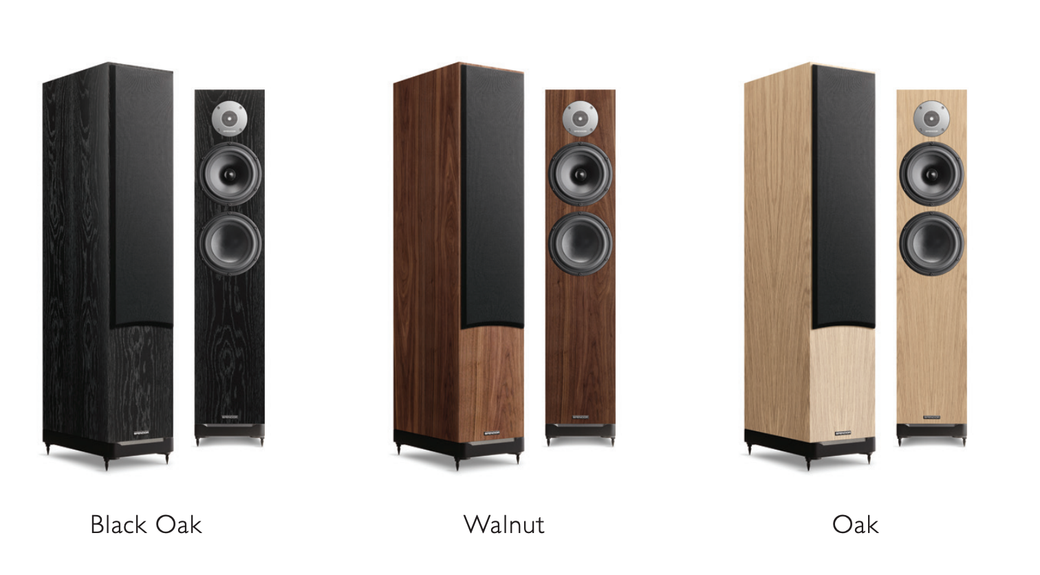 Spendor D7.2 Floorstanding Speakers In Dark Walnut. Image shows range of finishes 