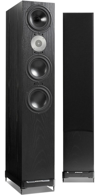 Spendor D9.2 Floorstanding Speakers in Black Ash.  Image shows one speaker without grille, the other with grille