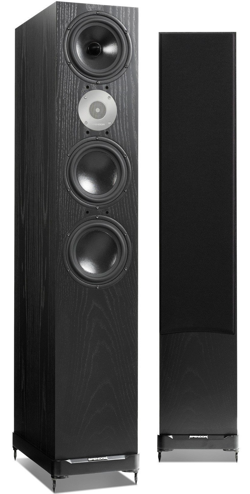 Spendor D9.2 Floorstanding Speakers in Black Ash.  Image shows one speaker without grille, the other with grille