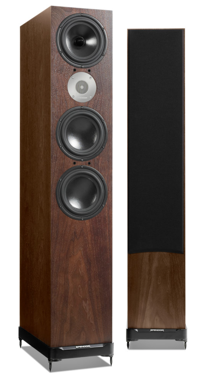 Spendor D9.2 Floorstanding Speakers in Dark Walnut.  Image shows one speaker without grille, the other with grille