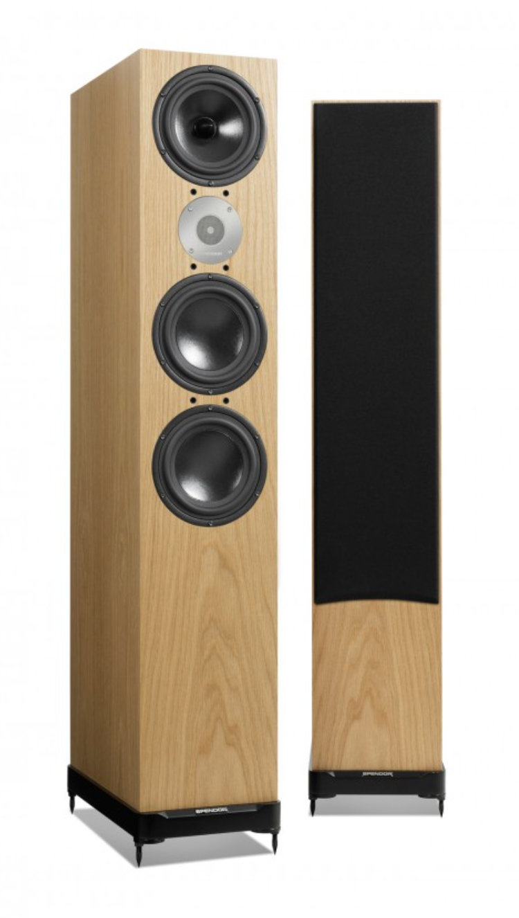 Spendor D9.2 Floorstanding Speakers in Natural Oak.  Image shows one speaker without grille, the other with grille