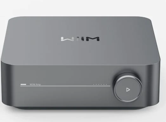 WiiM Amp Multi-room Stereo Streaming Amplifier.  Image of front in Steel Grey