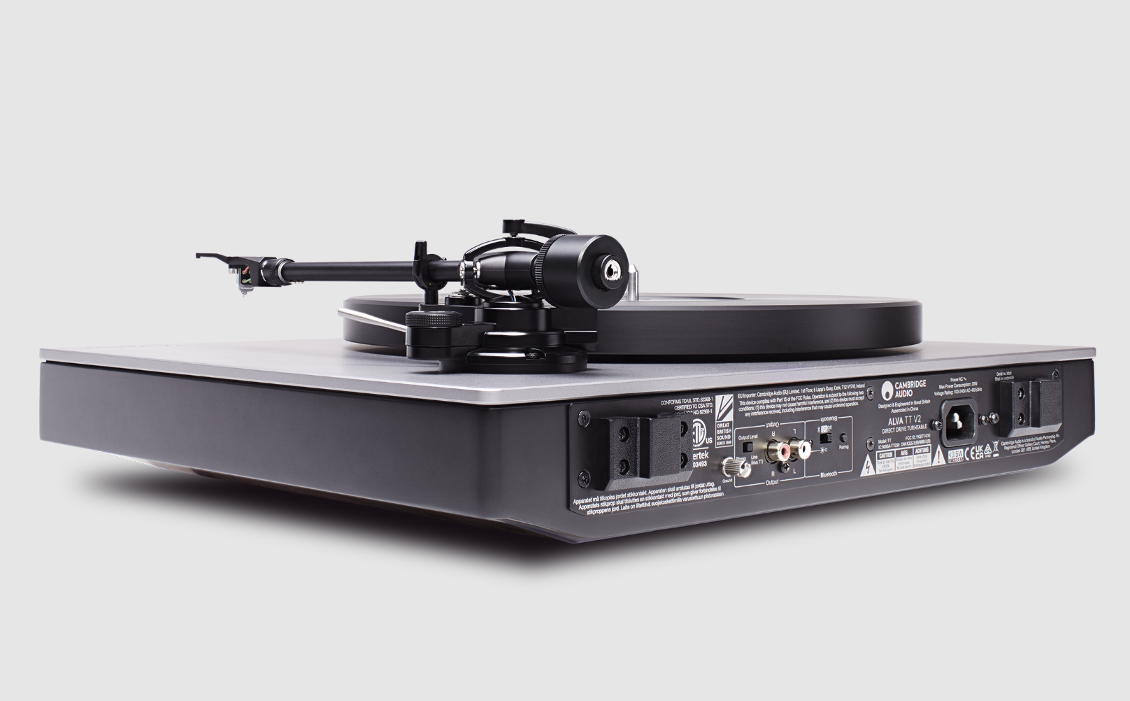 Cambridge Audio Alva TT V2 Bluetooth Turntable, front angled with dustcover