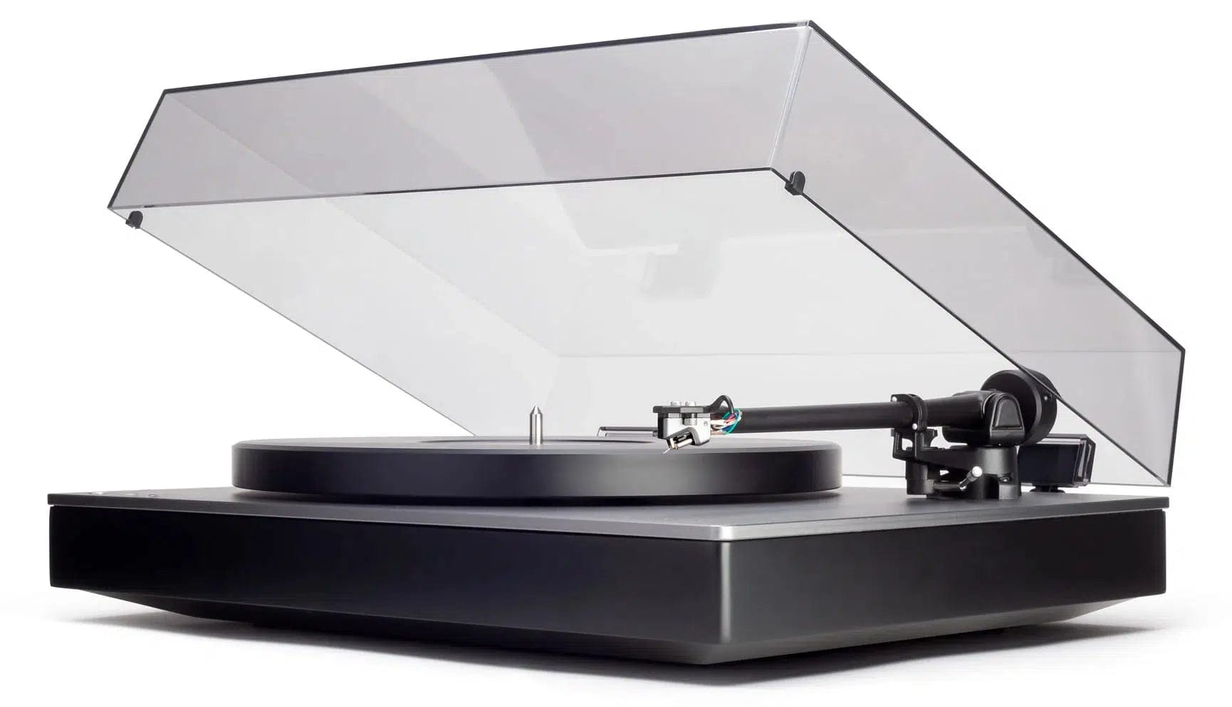 Cambridge Audio Alva TT V2 Bluetooth Turntable, front angled with dustcover