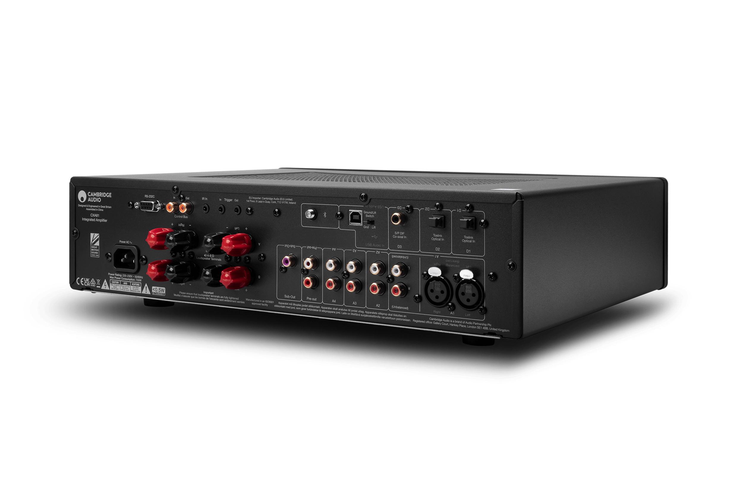 Cambridge Audio Integrated Amplifiers Cambridge Audio CXA61 Black Integrated Stereo Amplifier black, rear of unit