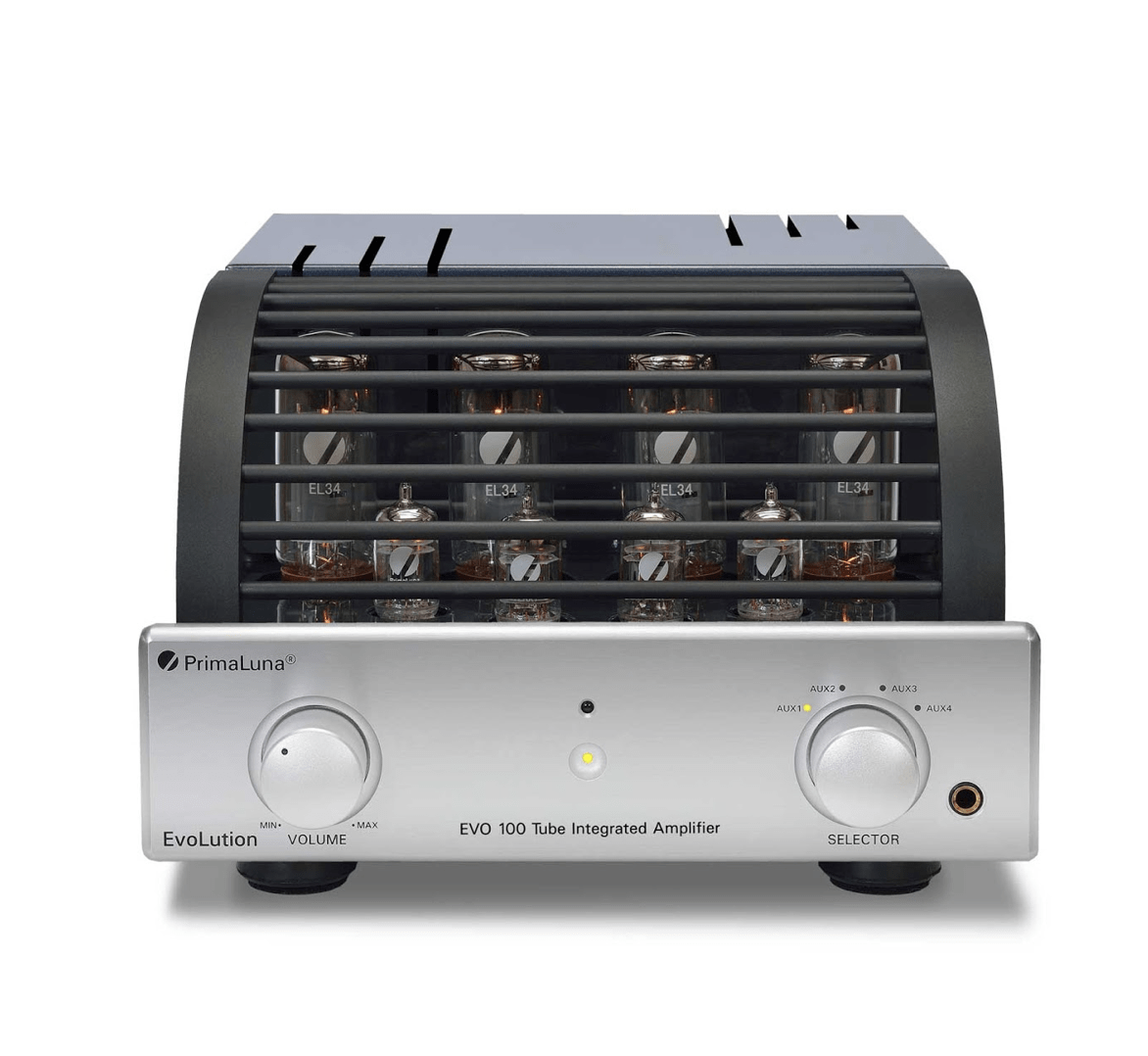 PrimaLuna EVO 100 Tube Integrated Amplifier in Silver, cover on. Available with or without MM Phono Stage