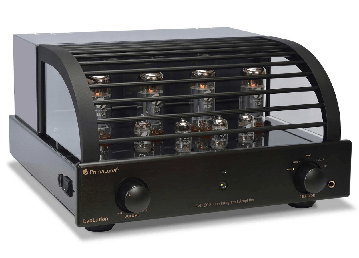 PrimaLuna EVO 200 Tube Integrated Amplifier in Black with cover, on an angle