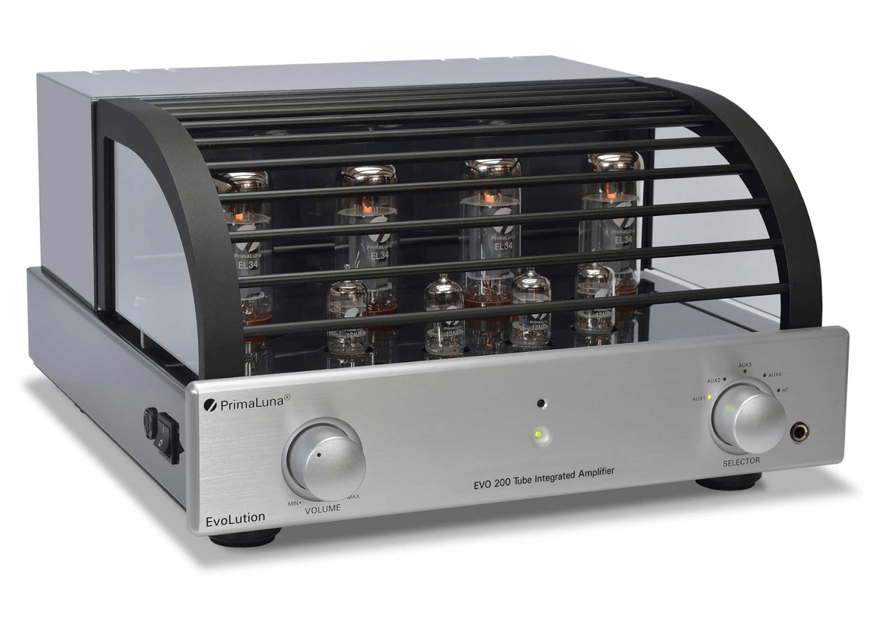 PrimaLuna EVO 200 Tube Integrated Amplifier in Silver with cover on an angle