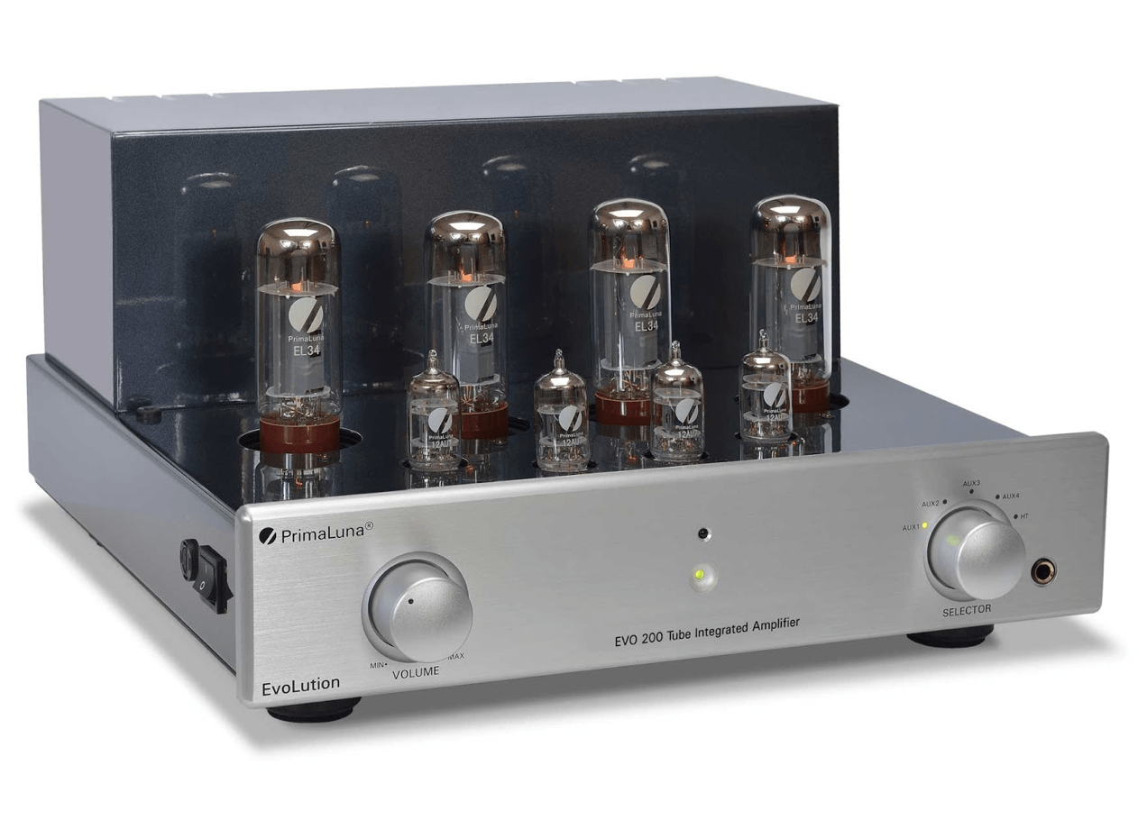 PrimaLuna EVO 200 Tube Integrated Amplifier in Silver without cover on an angle