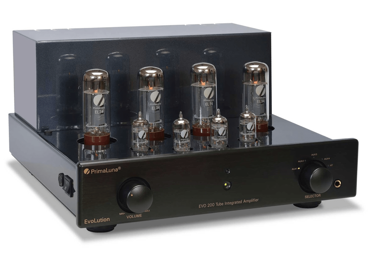 PrimaLuna EVO 200 Tube Integrated Amplifier in Black without cover, on an angle