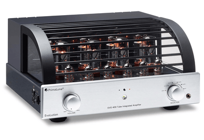 PrimaLuna EVO 400 Tube Integrated Amplifier Silver with cover on an angle